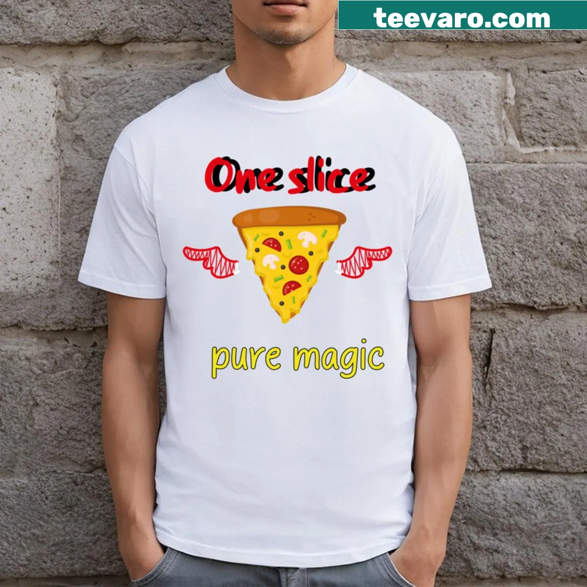 Fun pizza-themed t-shirt celebrating one slice of magic. — on a men's t-shirt