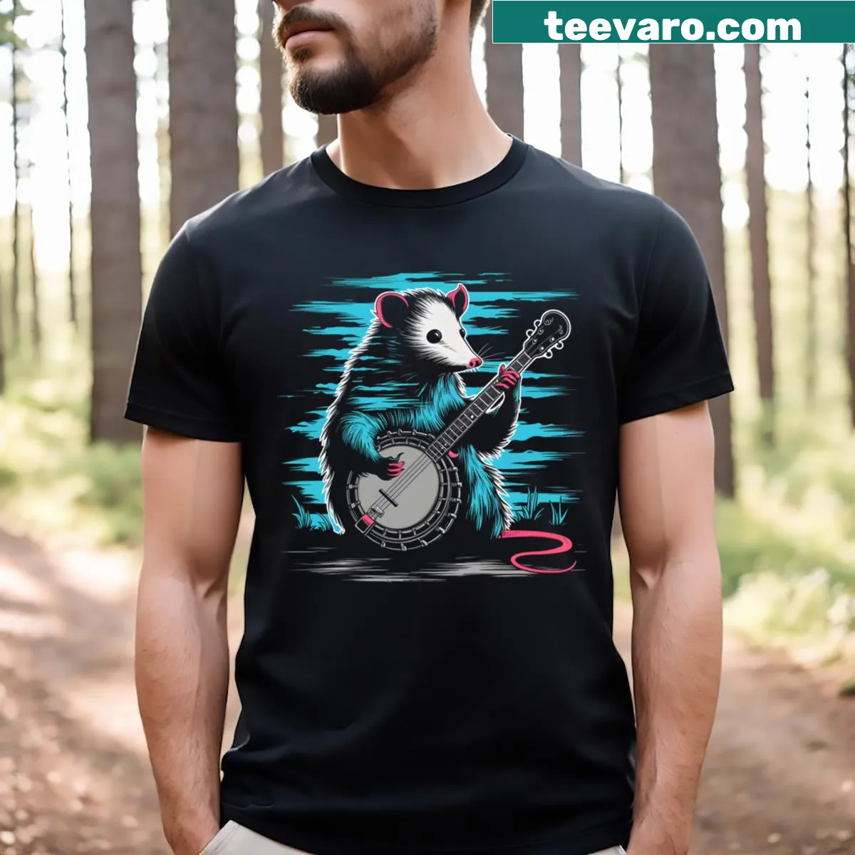 T-shirt featuring an adorable opossum playing a banjo — on a men's t-shirt