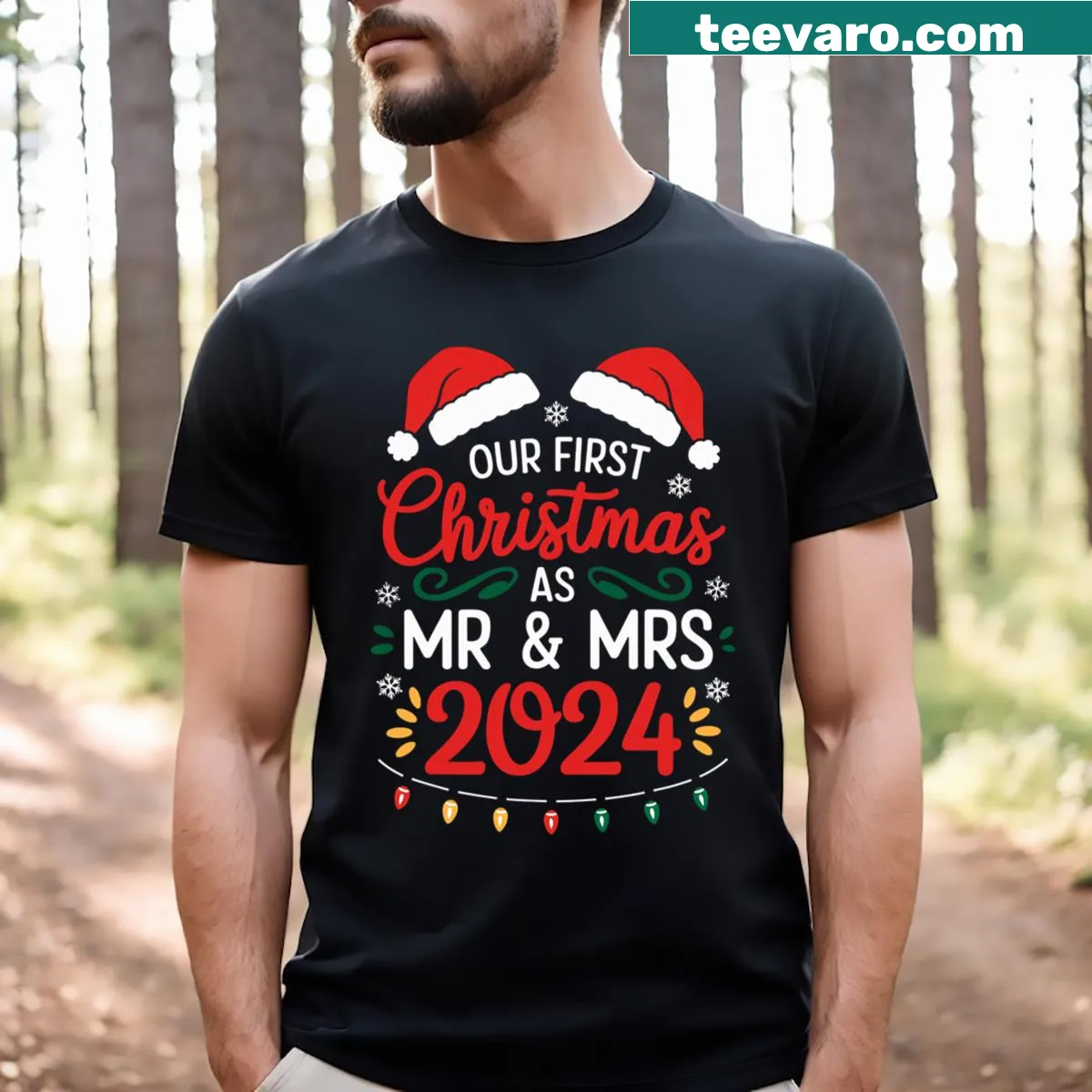 Our First Christmas As Mr And Mrs text on a T-shirt — on a men's t-shirt