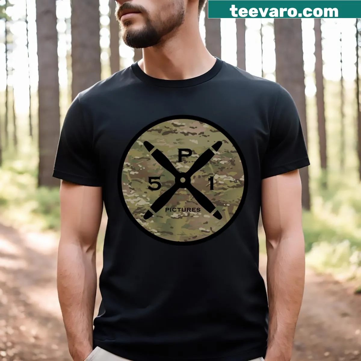 P51 Pictures logo graphic on a T-shirt — on a men's t-shirt