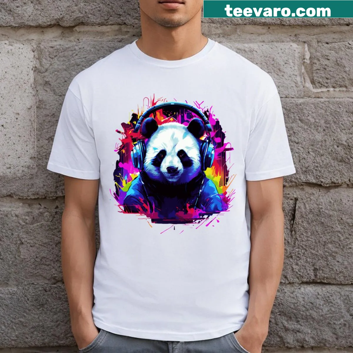 Neon graphic tee featuring a panda wearing headphones — on a men's t-shirt