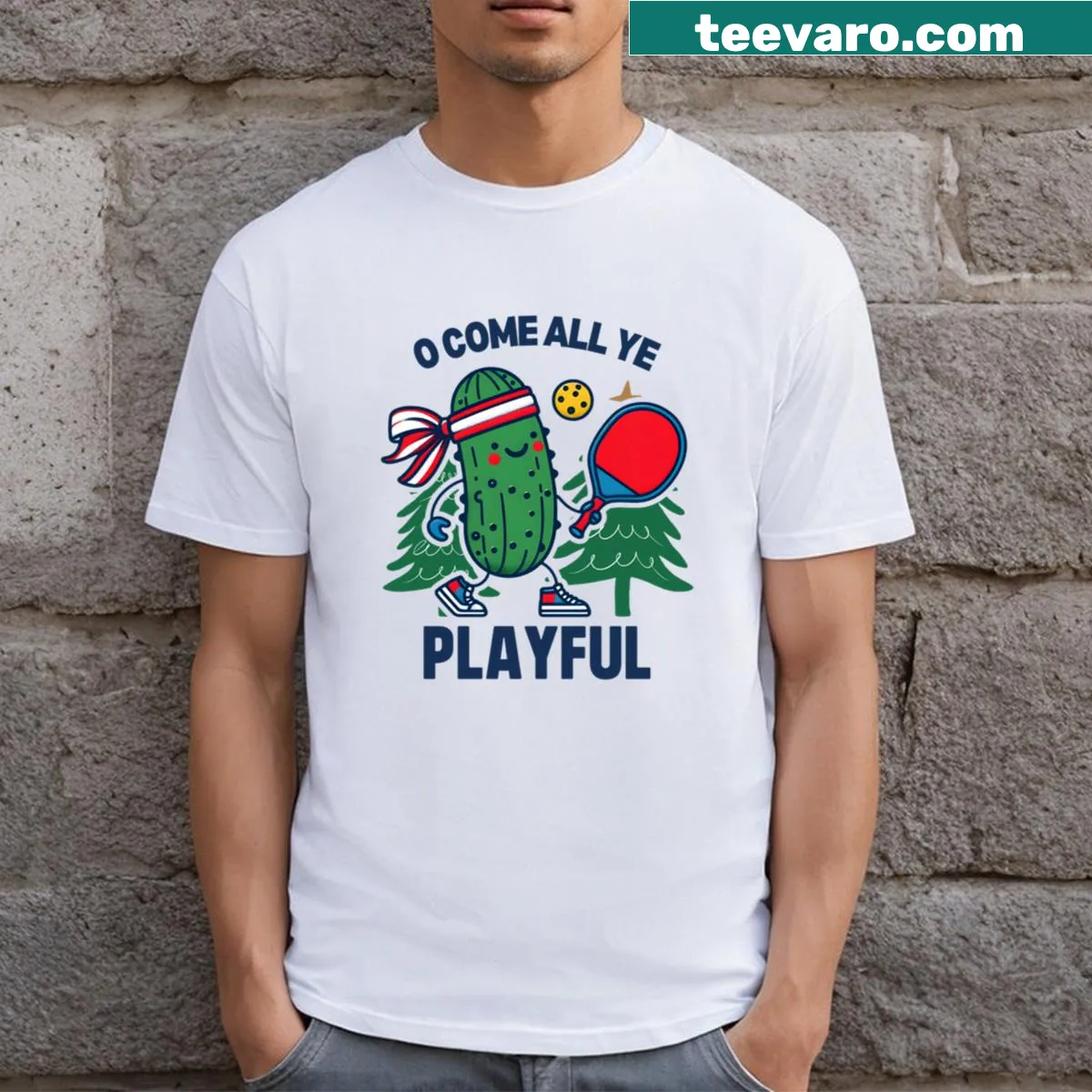 Pickleball-themed Christmas t-shirt with festive text — on a men's t-shirt