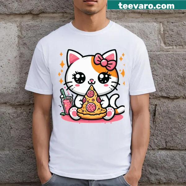 Cute Pizza Kitty t-shirt with cartoon cat and pizza graphic
