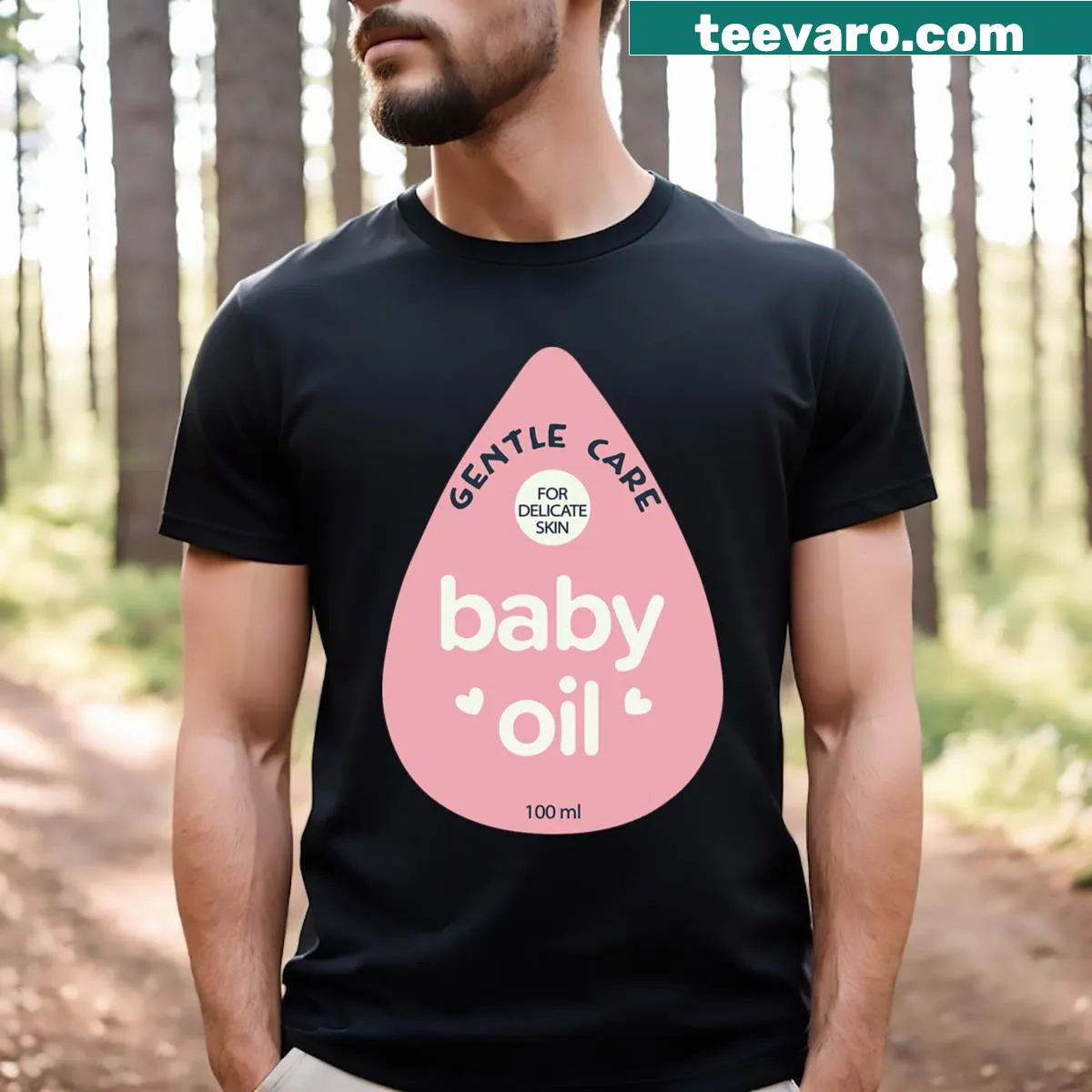 Funny Halloween T-shirt with baby oil bottle costume theme — on a men's t-shirt