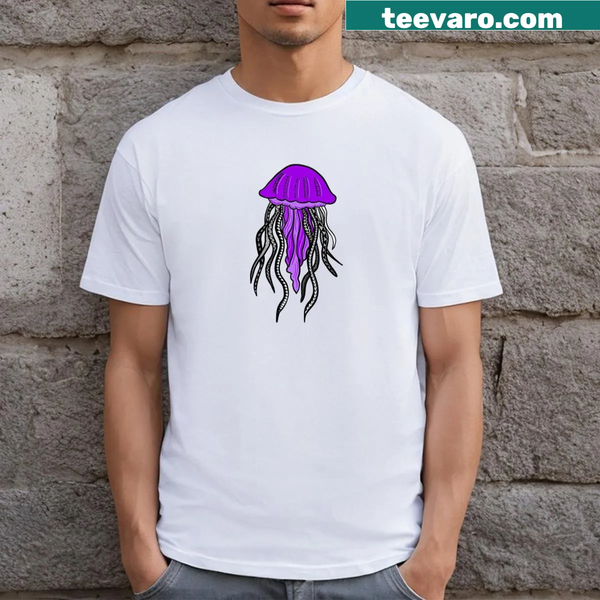 Tribal jellyfish graphic t-shirt with purple design — on a men's t-shirt