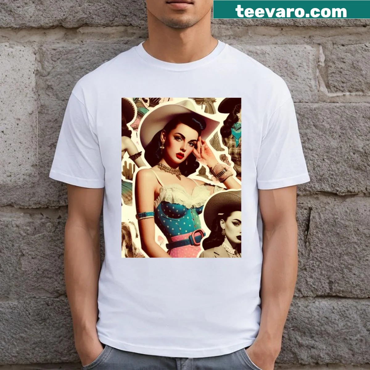 Collage of retro Western women graphic on T-shirt — on a men's t-shirt