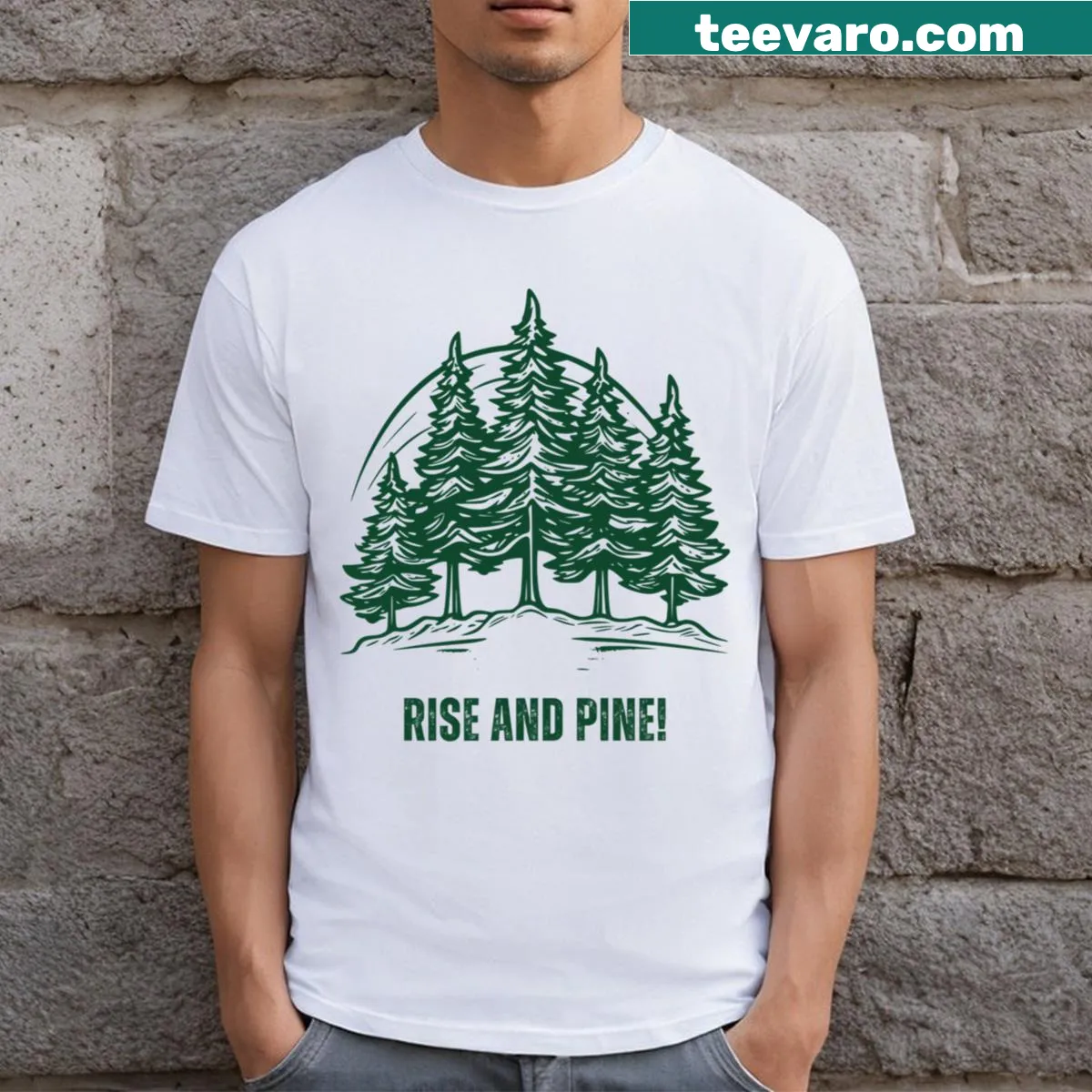 Cartoon t-shirt with Rise And Pine phrase and nature graphic — on a men's t-shirt