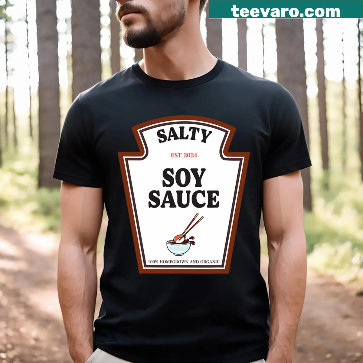 Funny t-shirt featuring a cartoon soy sauce bottle — on a men's t-shirt