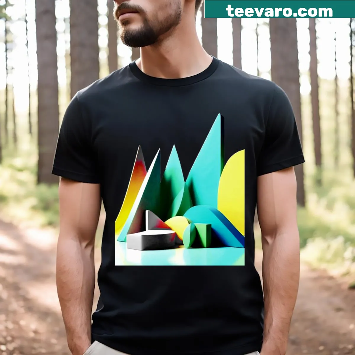 Geometric shapes in an abstract pattern for a minimalist look — on a men's t-shirt