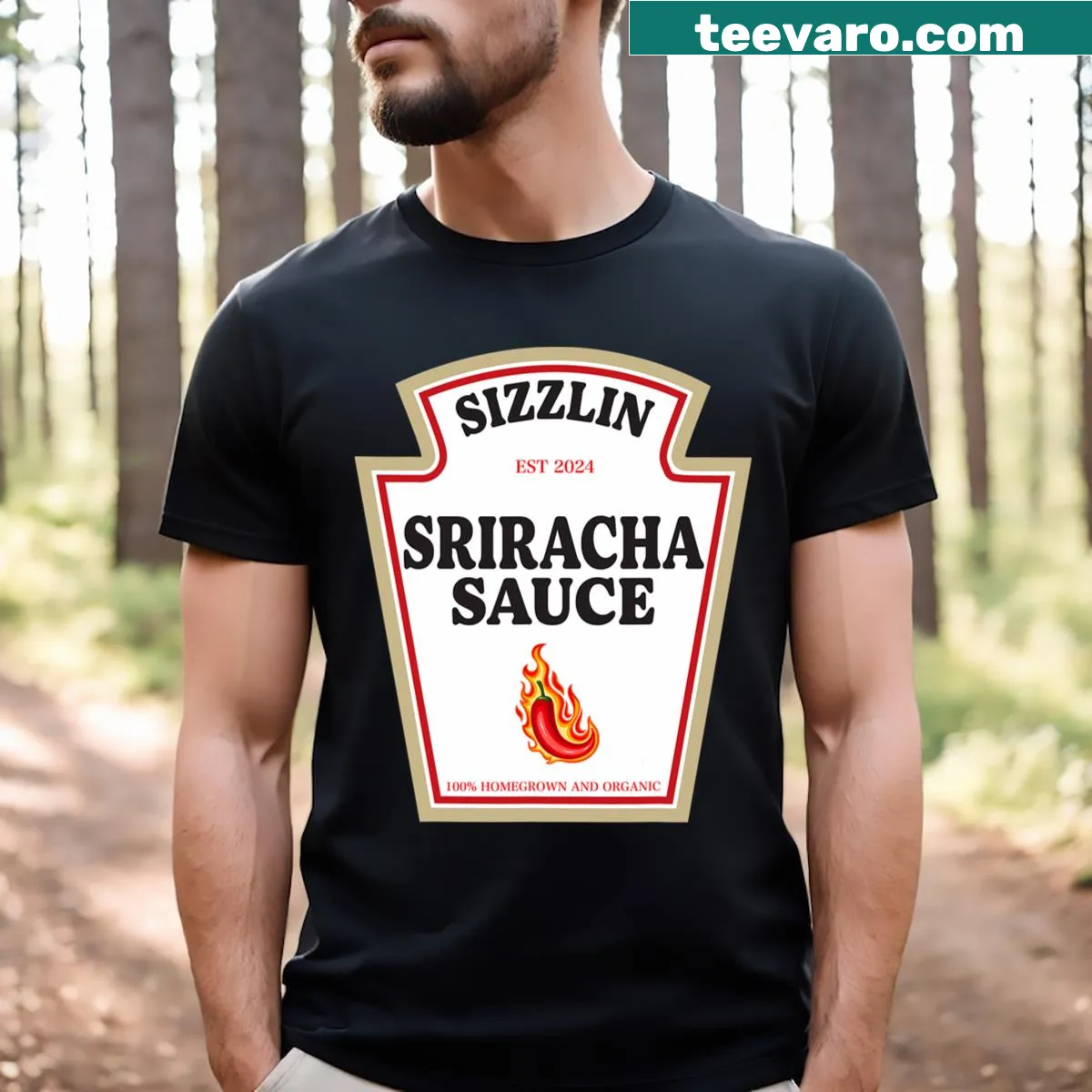 Cartoon sriracha sauce bottle design for spice lovers — on a men's t-shirt