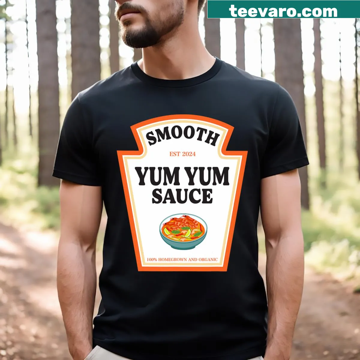 Humorous Yum Yum Sauce costume shirt with playful bottle graphic — on a men's t-shirt