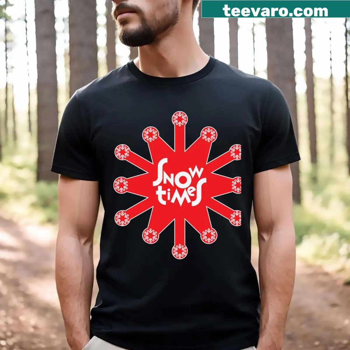 Charming Christmas t-shirt with 'Snow Times Christmas Night' text — on a men's t-shirt