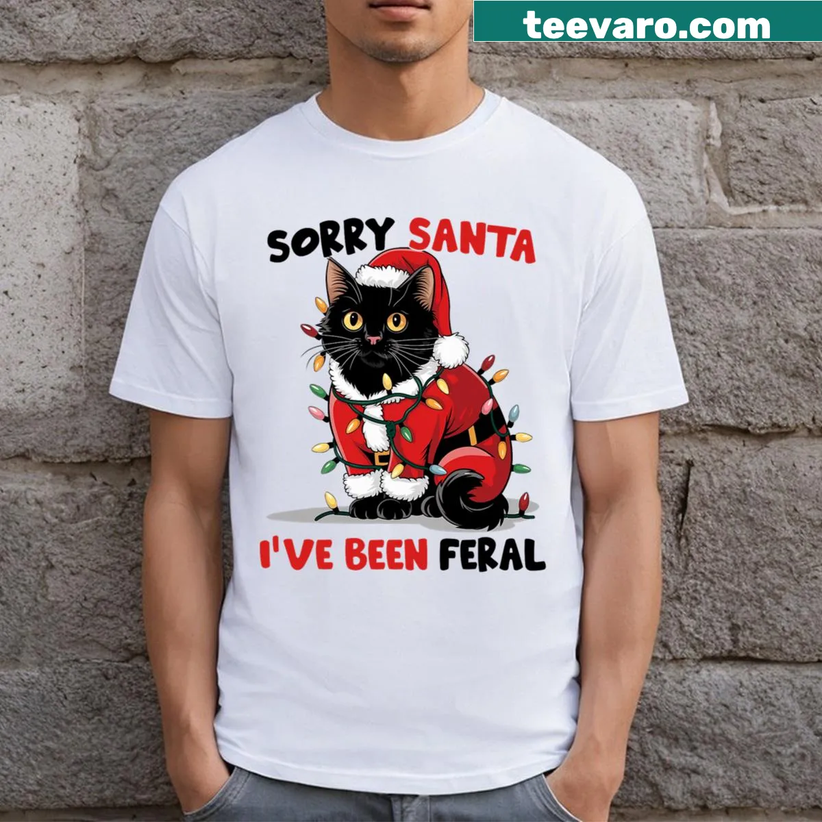 Funny cartoon black cat design for Christmas T-shirt — on a men's t-shirt