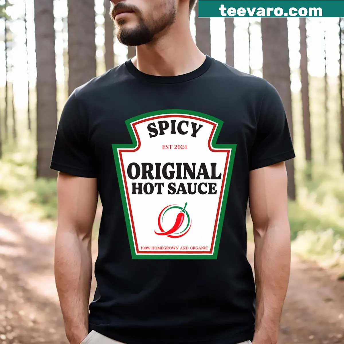 Playful hot sauce-themed design on a T-shirt — on a men's t-shirt