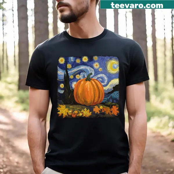 Van Gogh-inspired pumpkin design on a Halloween T-shirt