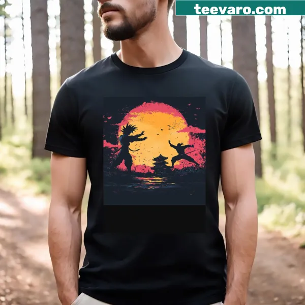 Dynamic warrior battle graphic against a sunset on a casual T-shirt