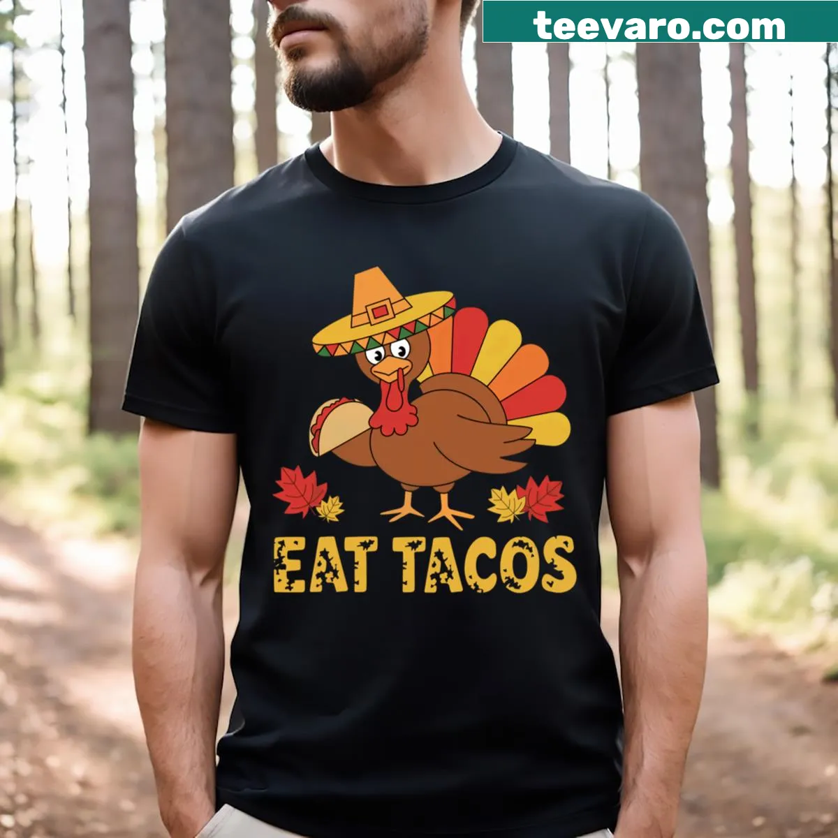 Funny Turkey Eat Tacos Thanksgiving T-shirt with playful graphics — on a men's t-shirt