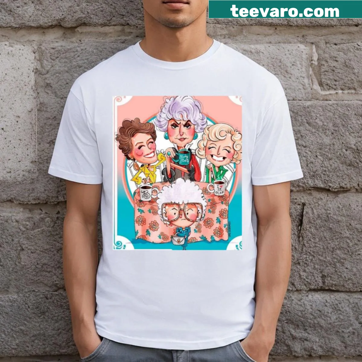 Illustrated t-shirt featuring the Golden Girls characters — on a men's t-shirt