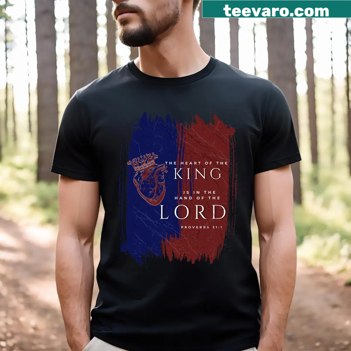 Patriotic T-shirt with bold typography saying 'The Heart Of The King' — on a men's t-shirt