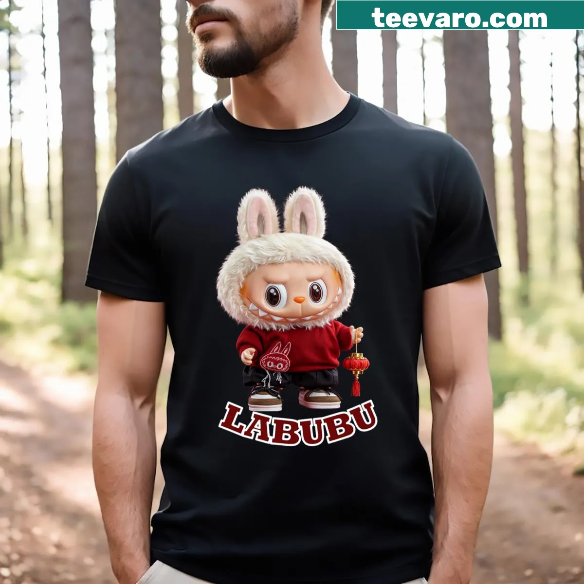 Cute T-shirt featuring an adorable cartoon monster character called Labubu — on a men's t-shirt