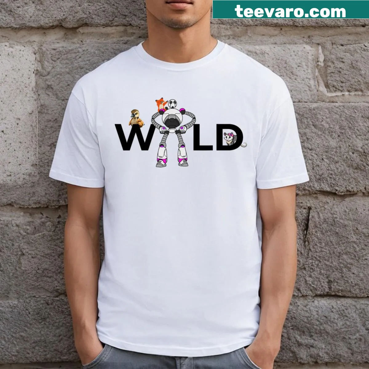 Funny T-shirt featuring a whimsical robot character design — on a men's t-shirt