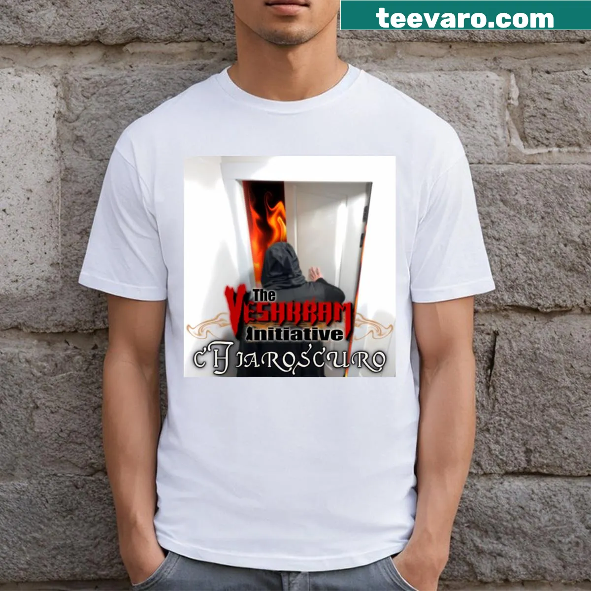 Intricate chiaroscuro graphic representing the Veshkram Initiative on a t-shirt — on a men's t-shirt