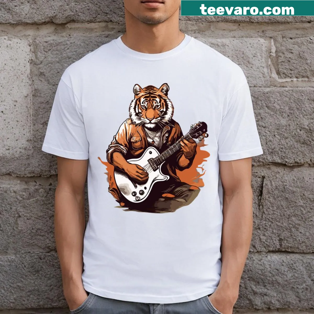 Tiger playing guitar graphic t-shirt design — on a men's t-shirt