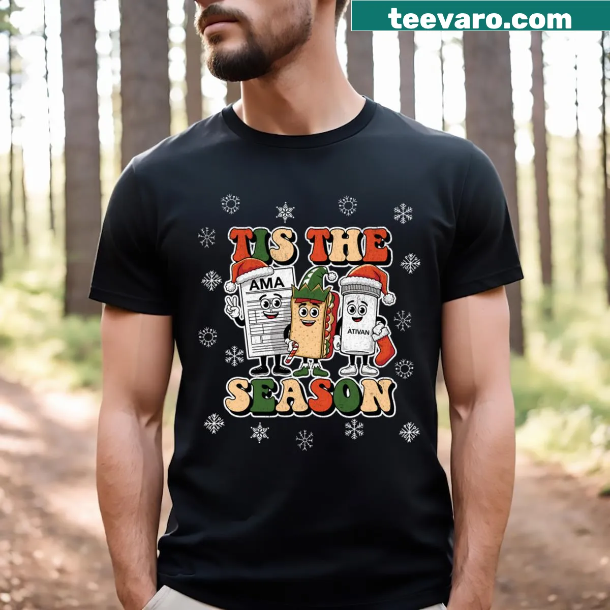 Festive hospital-themed graphic t-shirt for nurses — on a men's t-shirt