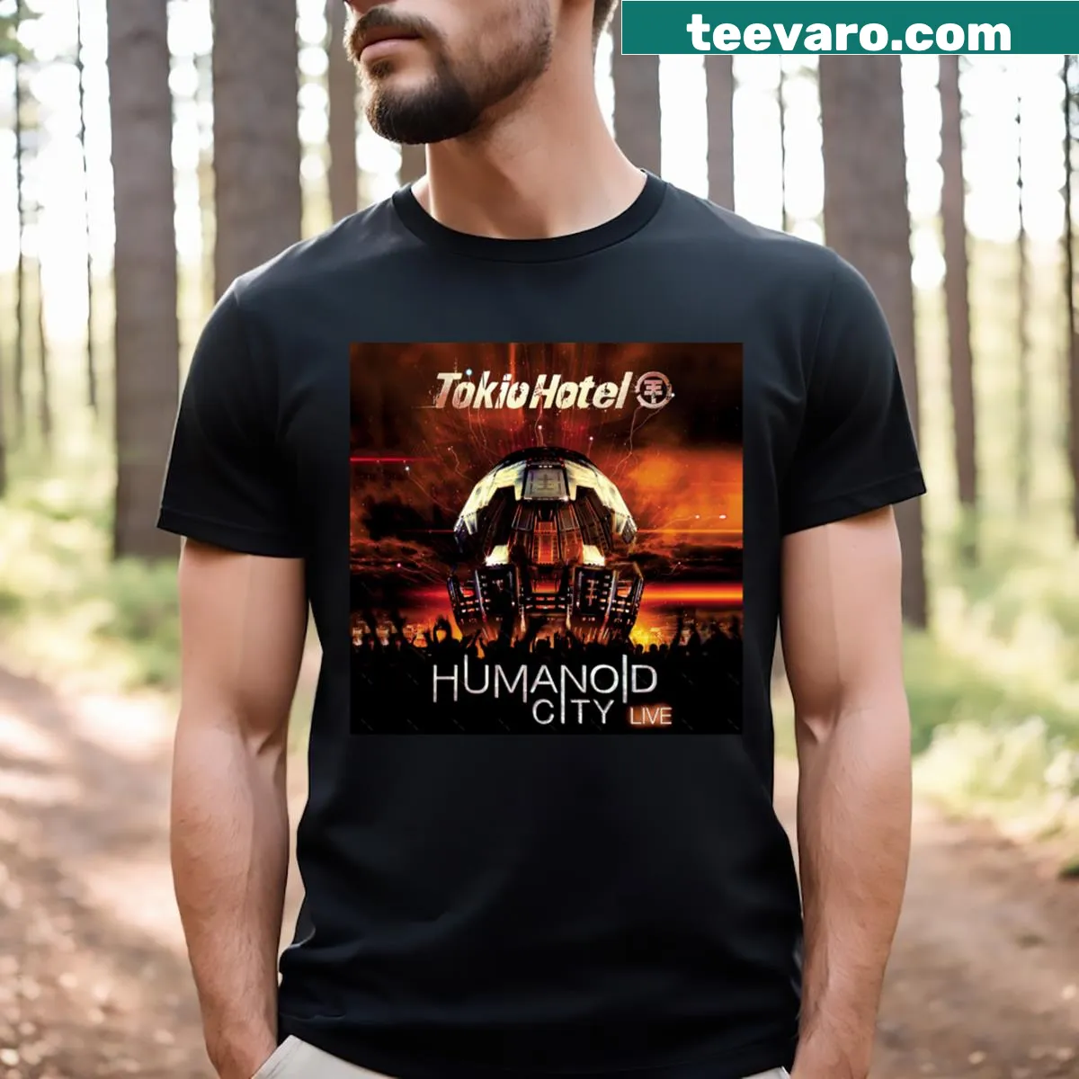 Tokio Hotel album live concert text graphic t-shirt — on a men's t-shirt