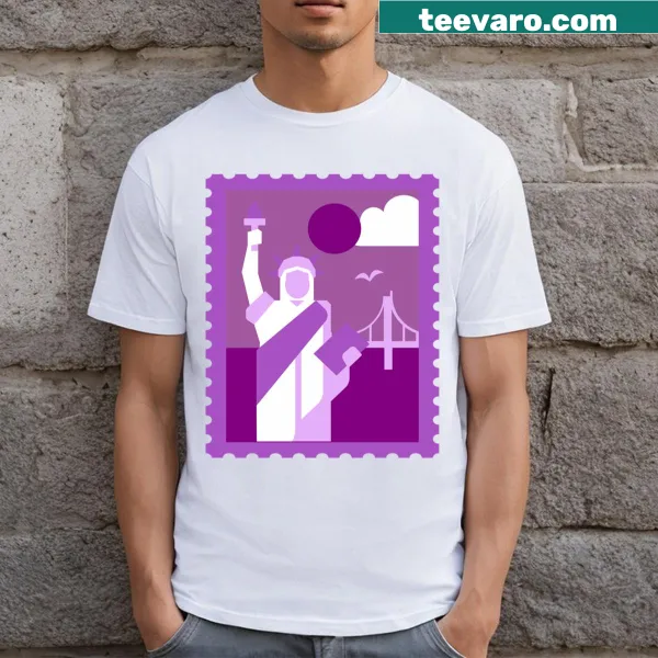 T-shirt featuring a travel-themed design with vintage postage stamps of iconic landmarks.