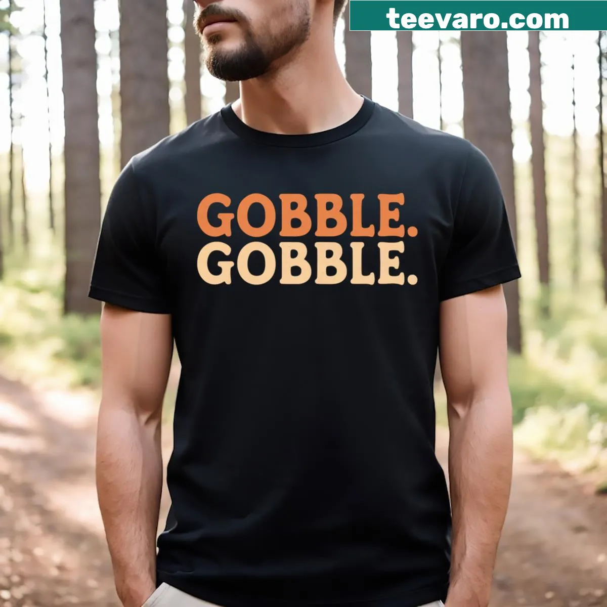 Funny Thanksgiving t-shirt with 'Turkey Gobble' text — on a men's t-shirt