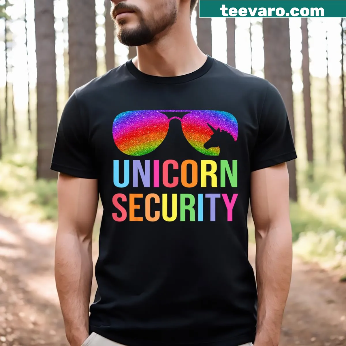 Unicorn Security graphic T-shirt designed for family Halloween costumes — on a men's t-shirt