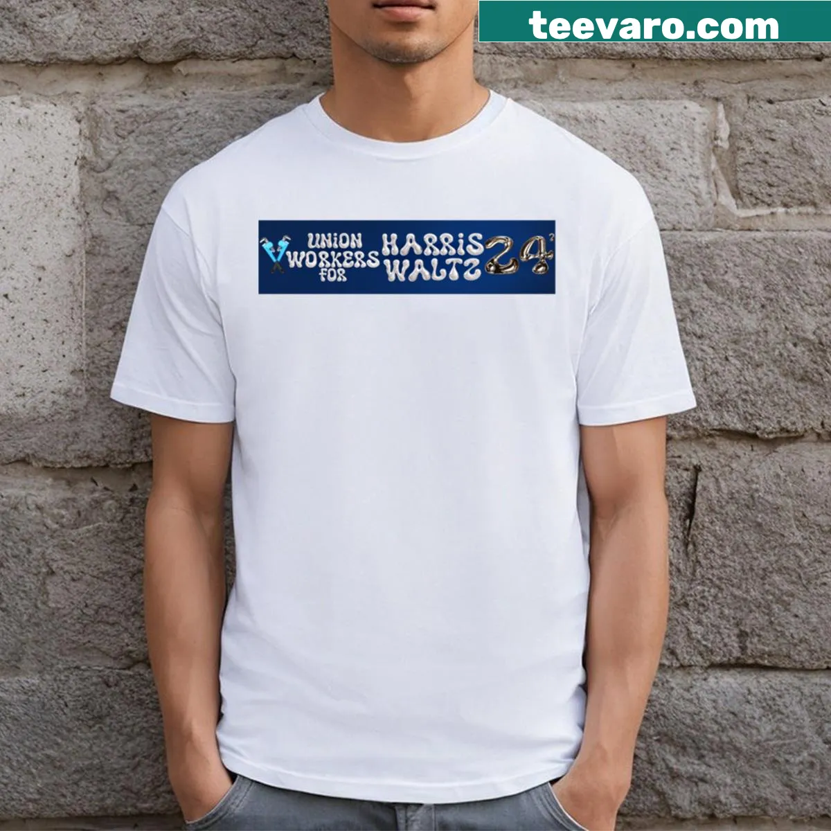 Union Workers T-shirt supporting Harris Waltz 2024 — on a men's t-shirt