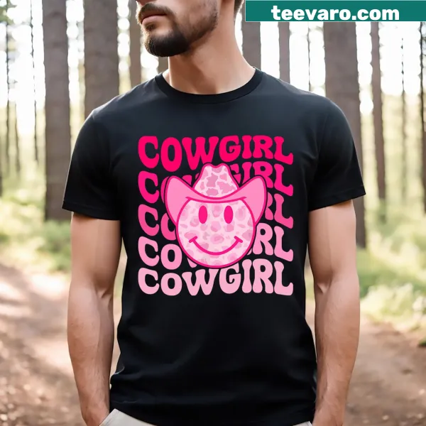 Cowgirl T-shirt featuring leopard smile face graphic in a western style