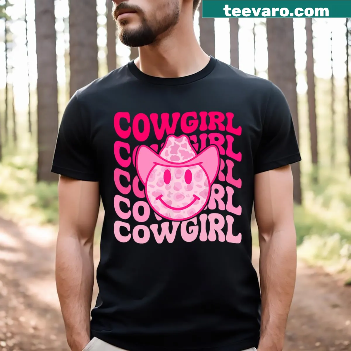 Cowgirl T-shirt featuring leopard smile face graphic in a western style — on a men's t-shirt