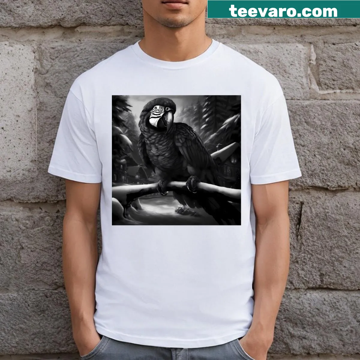 Monochrome parrot illustration on a winter-themed T-shirt — on a men's t-shirt