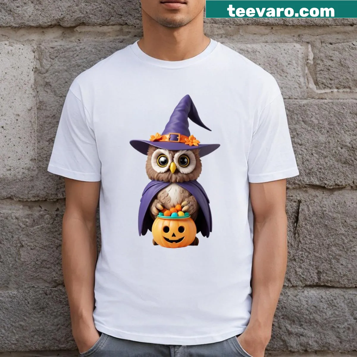 Cute T-shirt featuring a witchy owl ready for Halloween — on a men's t-shirt