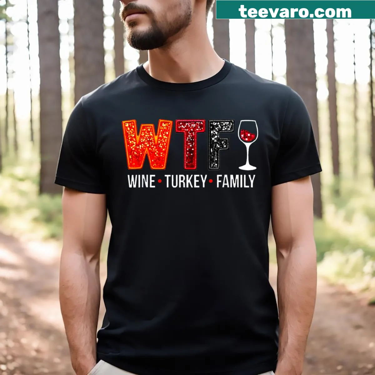 Funny Thanksgiving t-shirt with wine and turkey saying — on a men's t-shirt