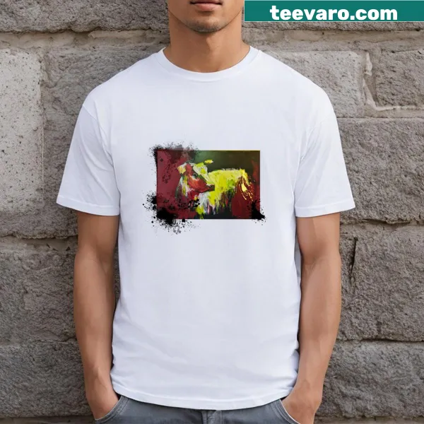 Whimsical abstract cow illustration on a t-shirt