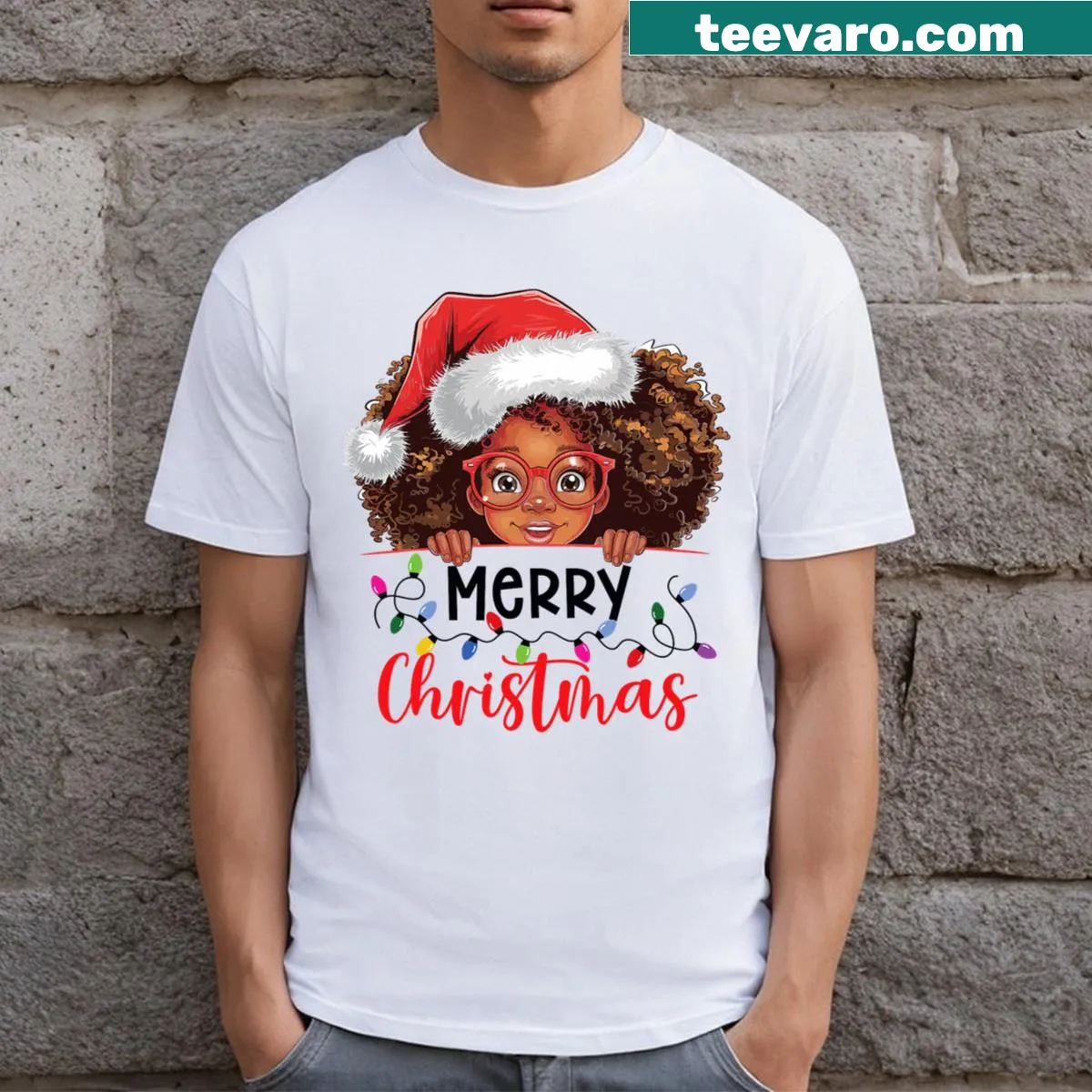Merry Christmas design T-shirt featuring joyful African American girls. — on a men's t-shirt