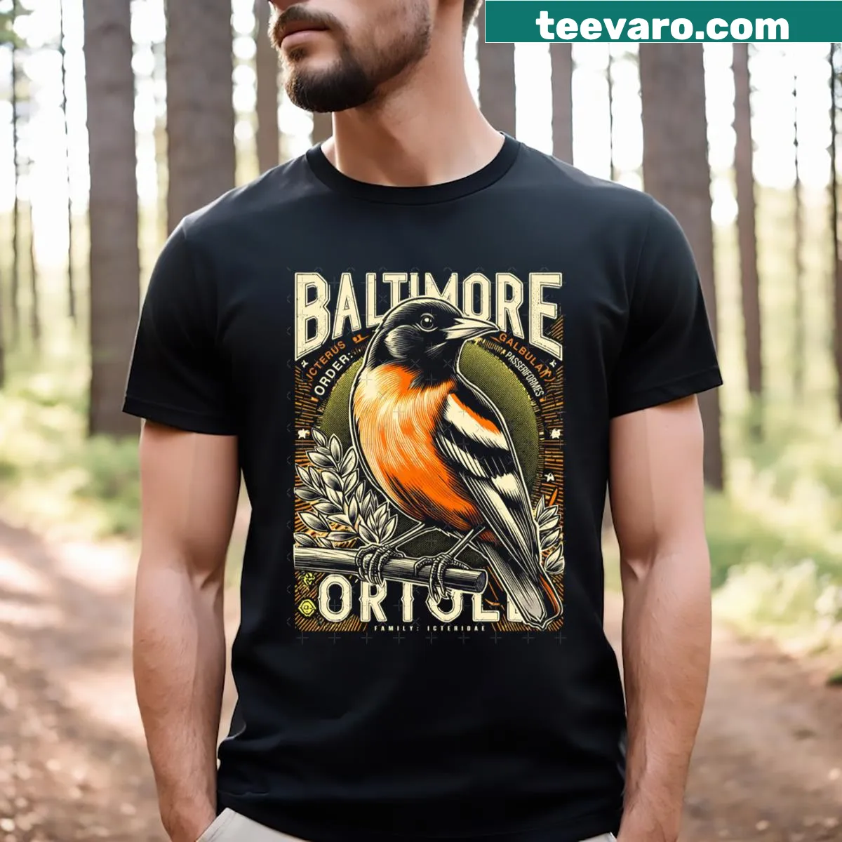 T-shirt featuring a Baltimore Oriole illustration — on a men's t-shirt