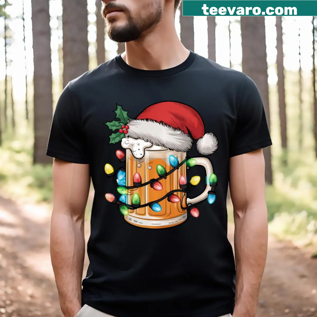 Santa with beer and Christmas lights graphic t-shirt — on a men's t-shirt