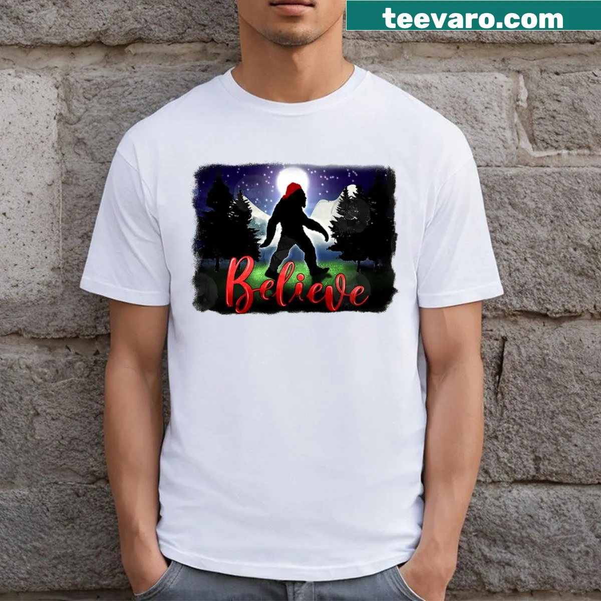 Bigfoot with Christmas lights graphic t-shirt — on a men's t-shirt