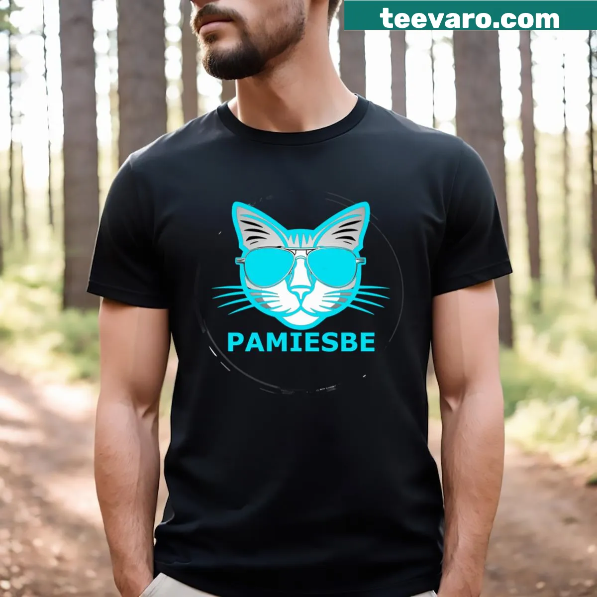 Playful blue cat with glasses graphic T-shirt — on a men's t-shirt
