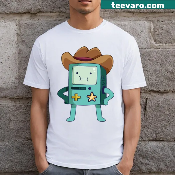 Bmo character illustrated as a cowboy on a t-shirt