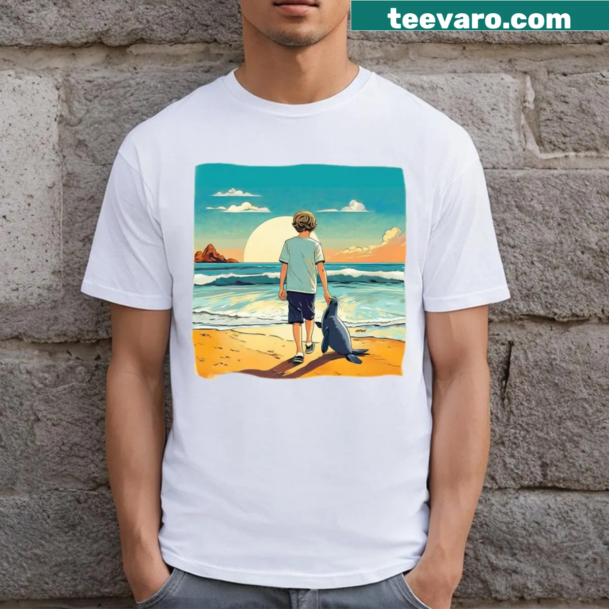 Heartwarming illustration of a boy with his pet seal T-shirt — on a men's t-shirt