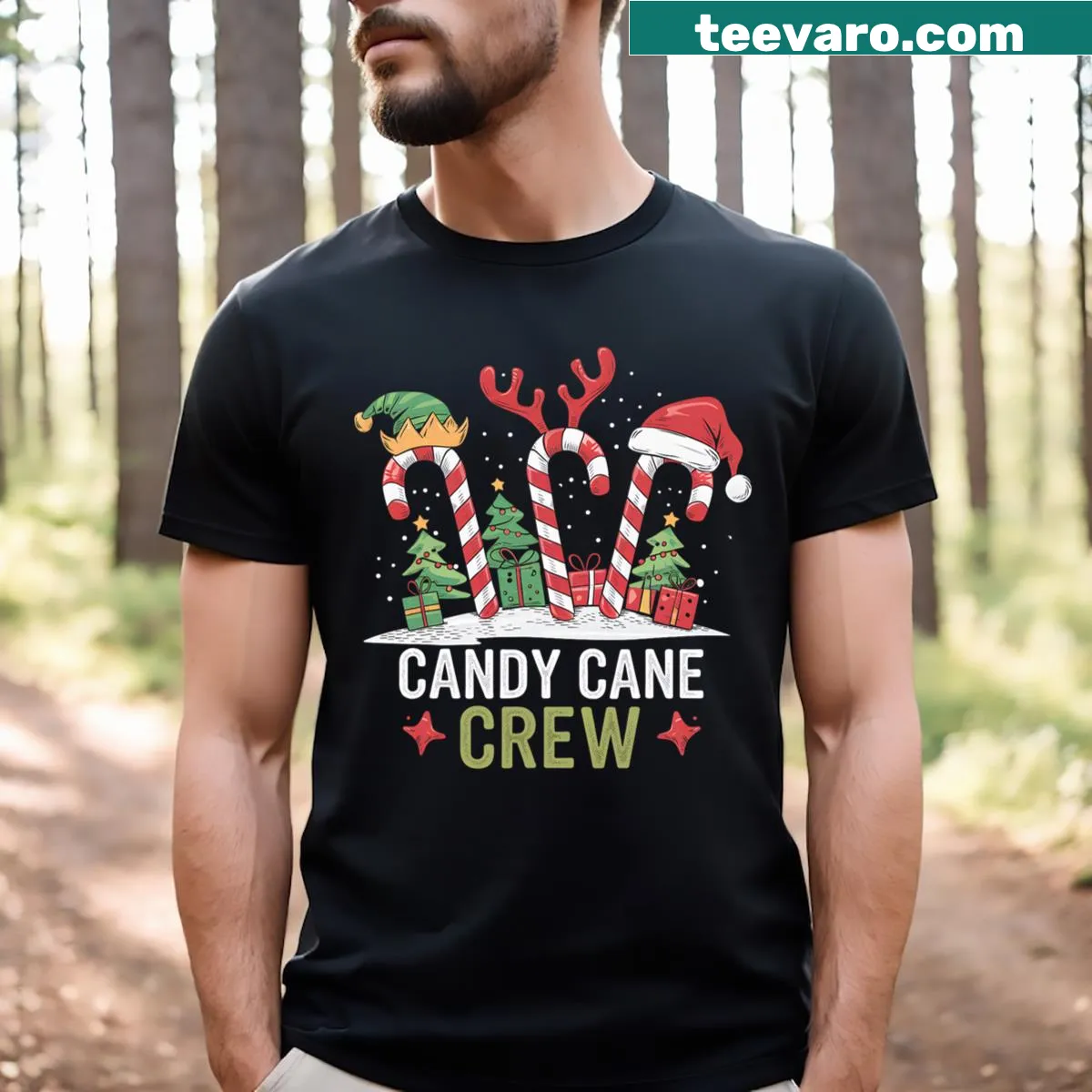 Fun Christmas T-shirt featuring Santa, elves, and reindeer designs — on a men's t-shirt