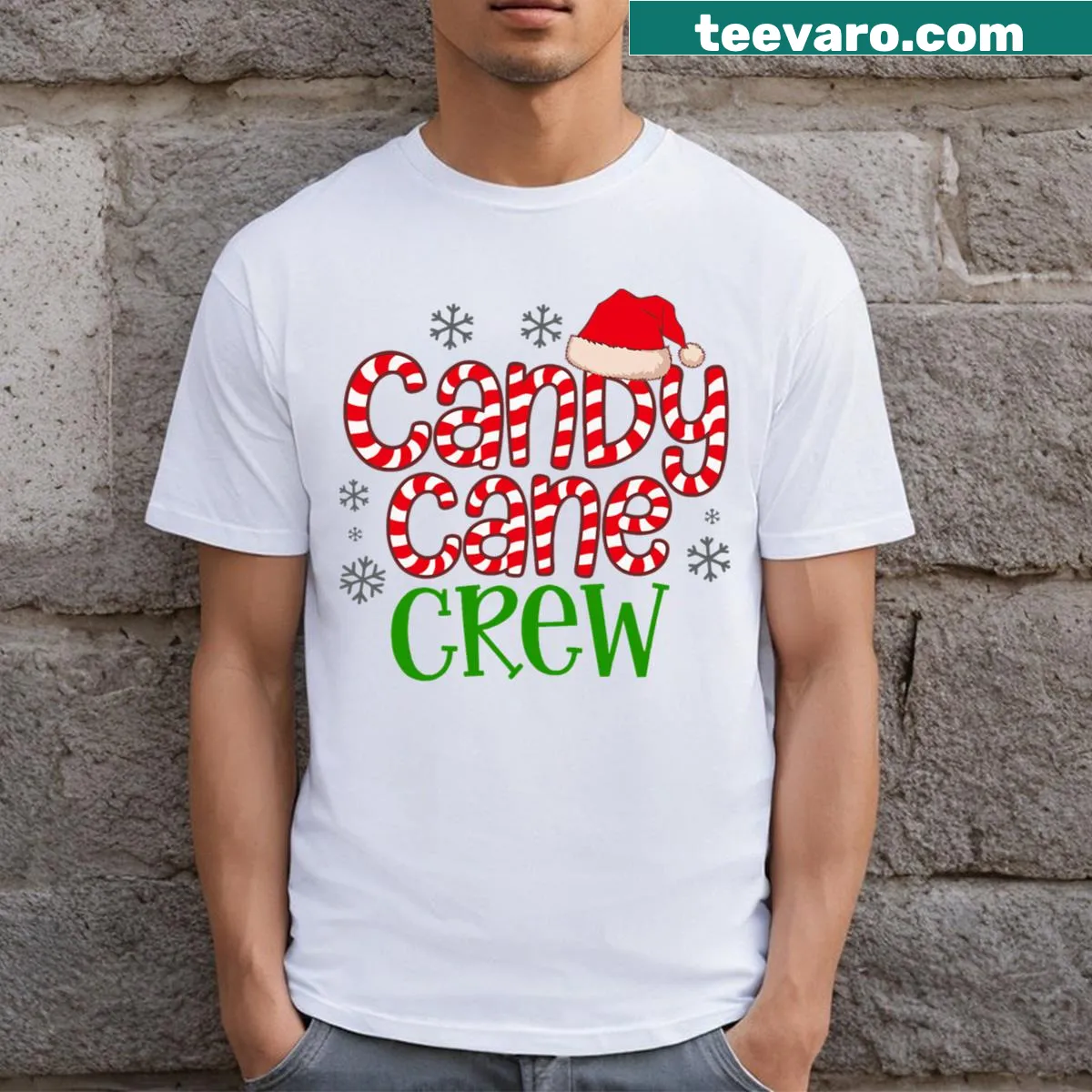 Matching Santa T-shirt with candy cane graphics for family holidays — on a men's t-shirt
