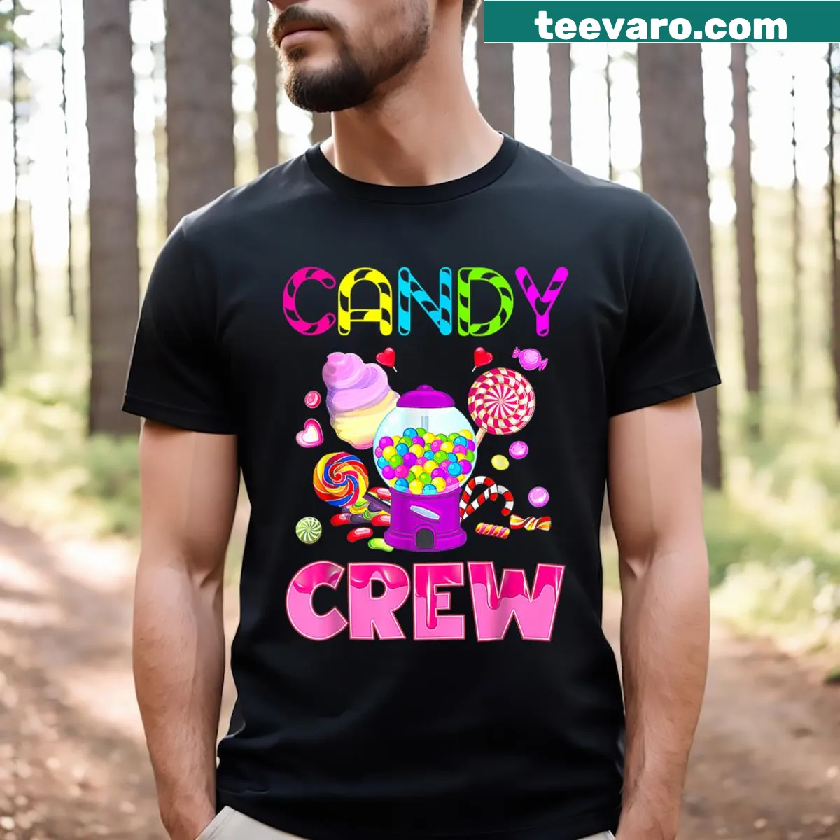 Candy-themed T-shirt featuring cute candy characters for kids — on a men's t-shirt