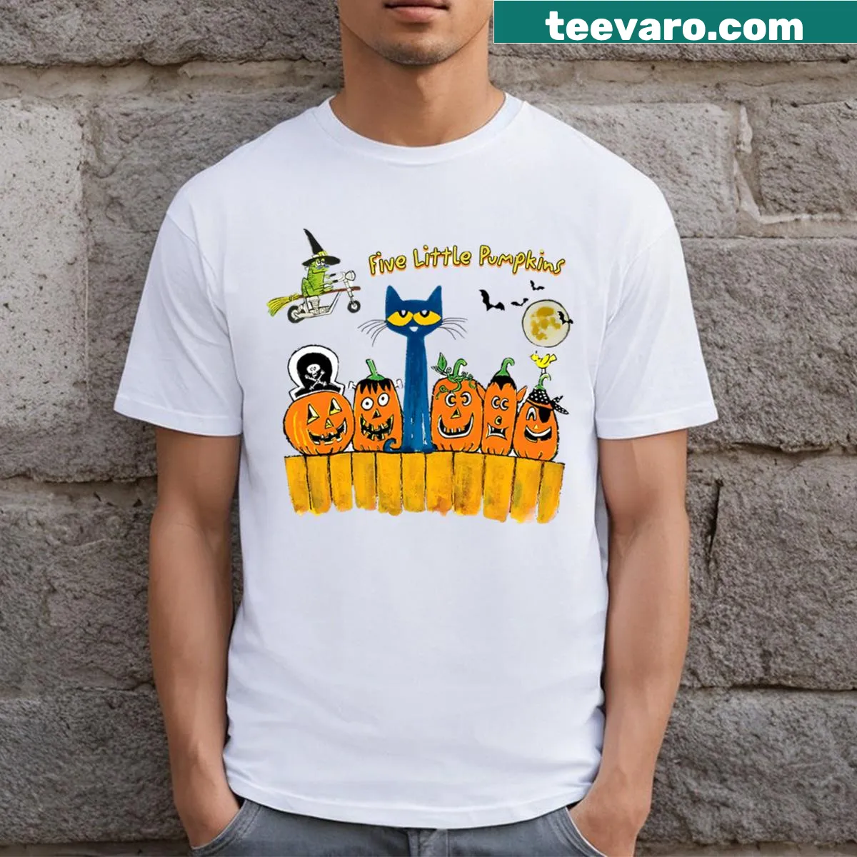 Halloween T-shirt featuring a cat and five cute pumpkins — on a men's t-shirt